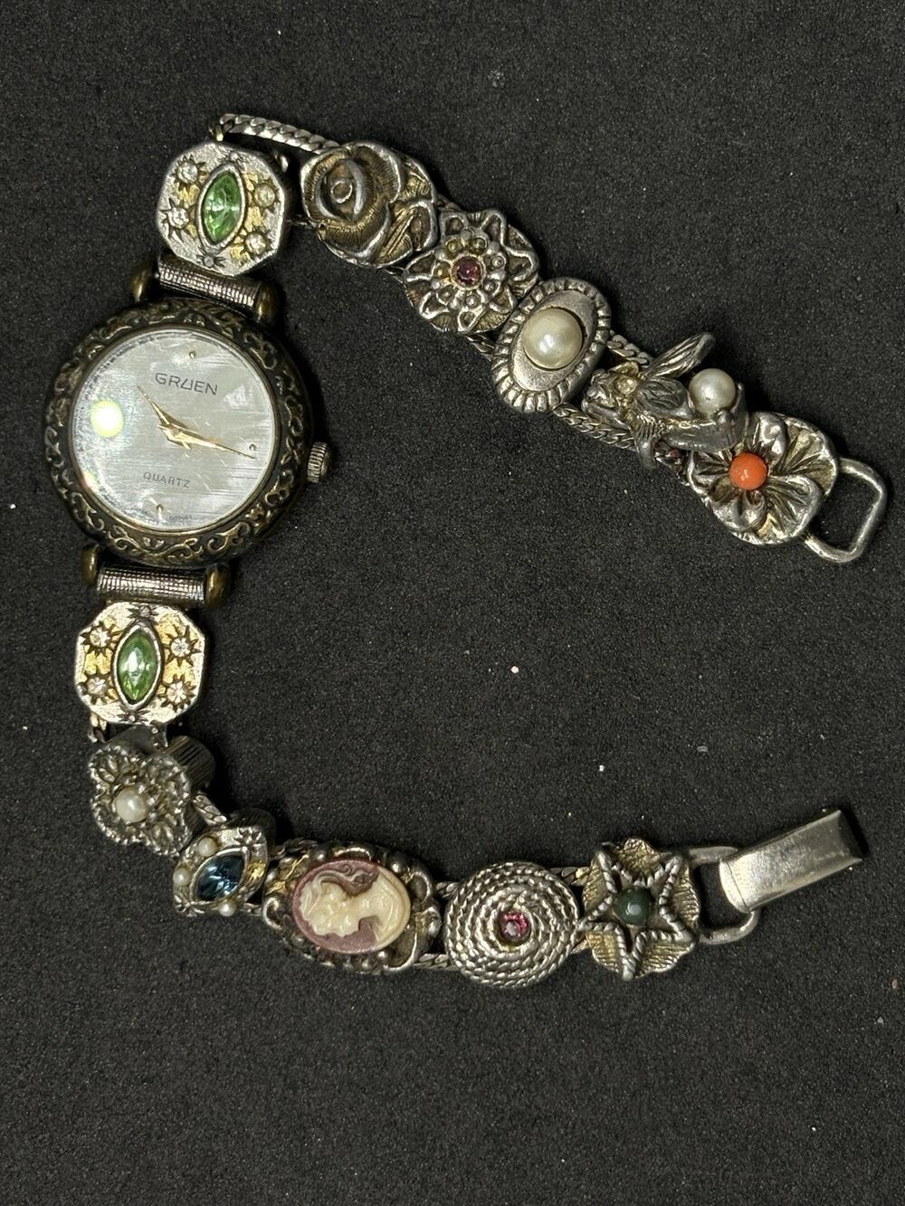 Vintage Gruen Mop Gold Tone Ladies Watch with Slide Charm Rhinestone Bracelet
